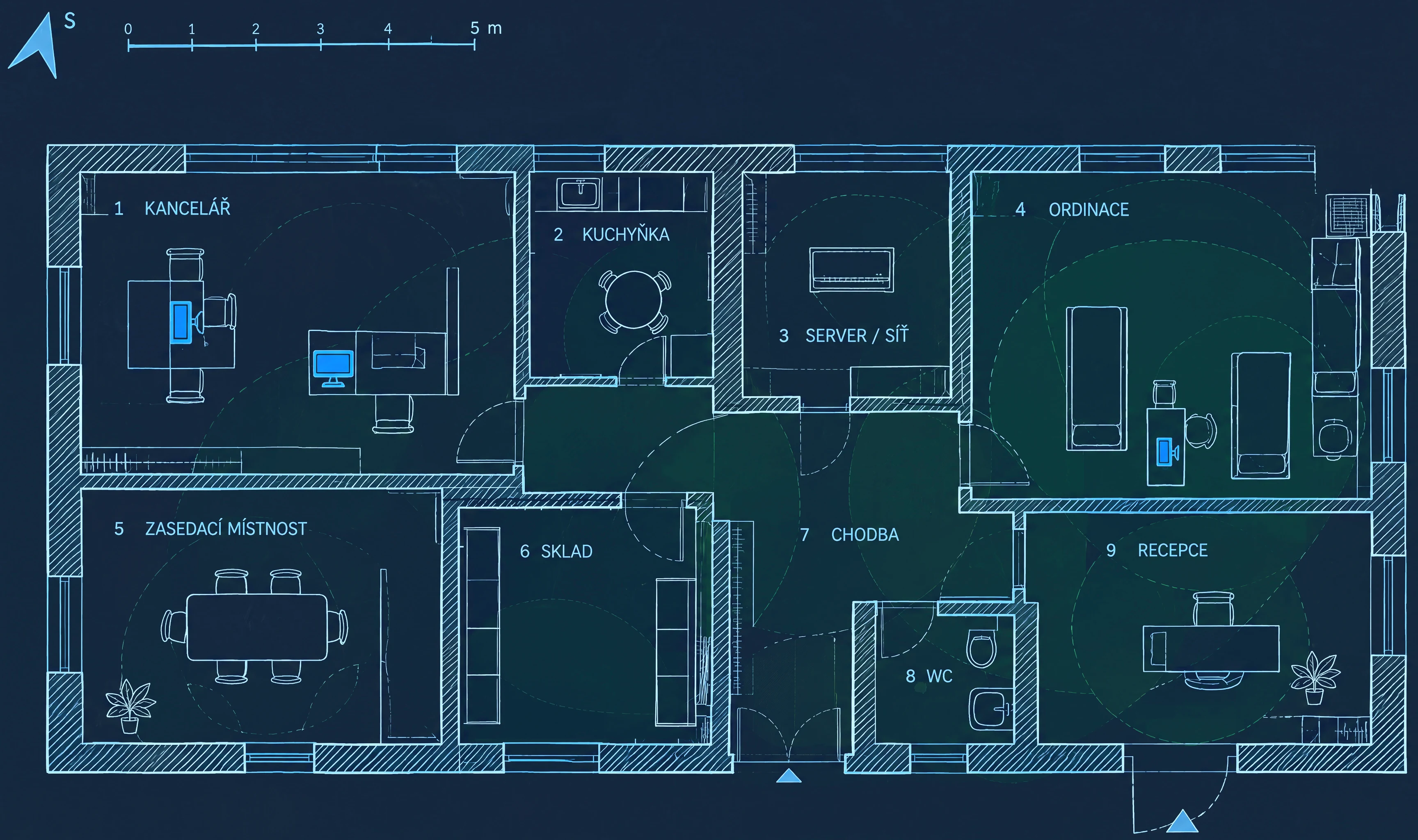 Ilustrační půdorys malé kanceláře s ordinací: kancelář, kuchyňka, serverovna, ordinace, zasedací místnost, sklad, chodba, WC a recepce, s vyznačeným pokrytím Wi-Fi.