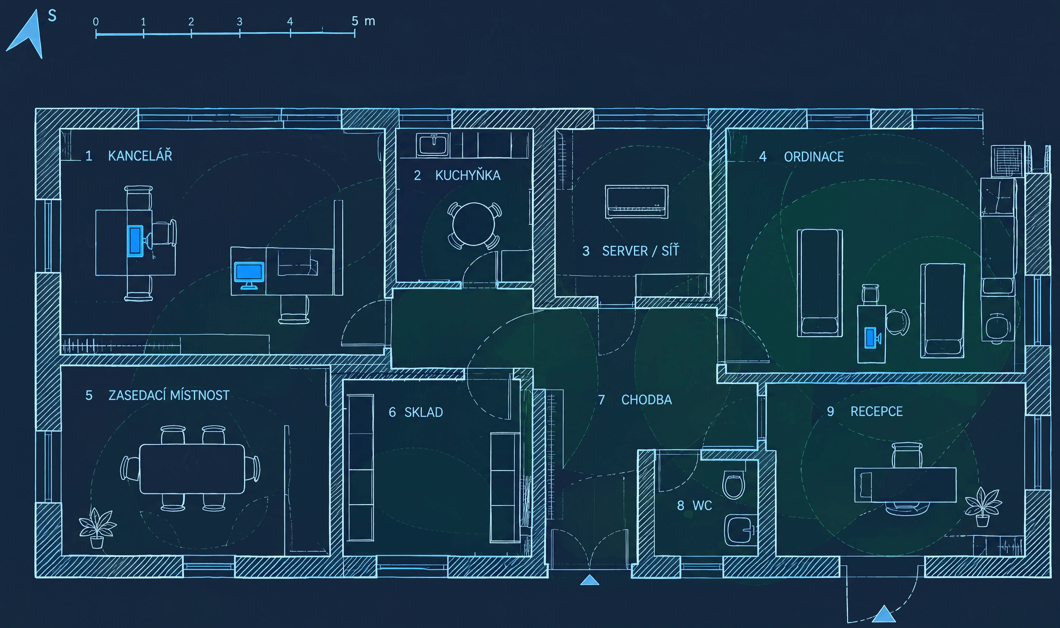 Ilustrační půdorys malé kanceláře s ordinací: kancelář, kuchyňka, serverovna, ordinace, zasedací místnost, sklad, chodba, WC a recepce, s vyznačeným pokrytím Wi-Fi.